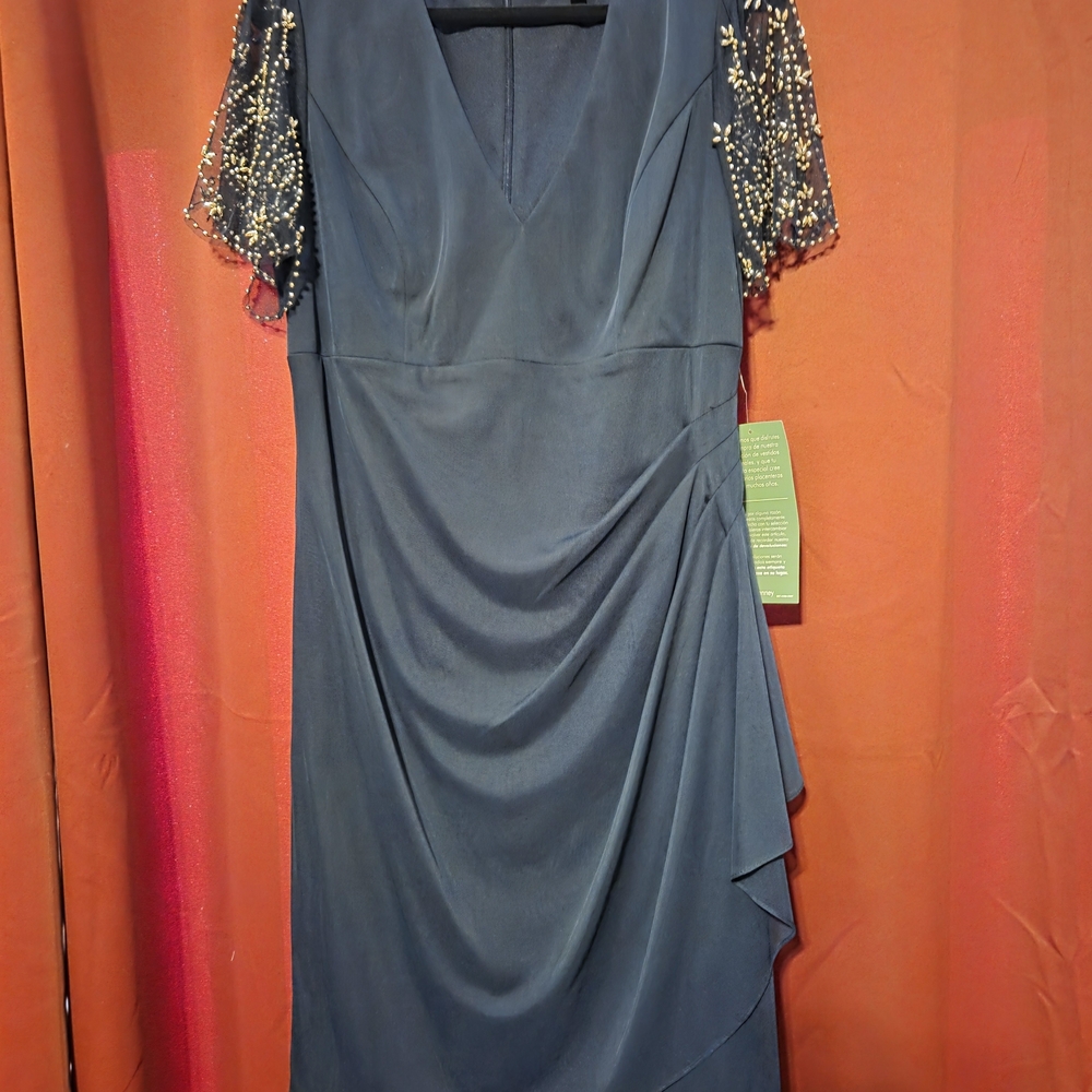 Chic Navy Dress with Embellished Sleeves